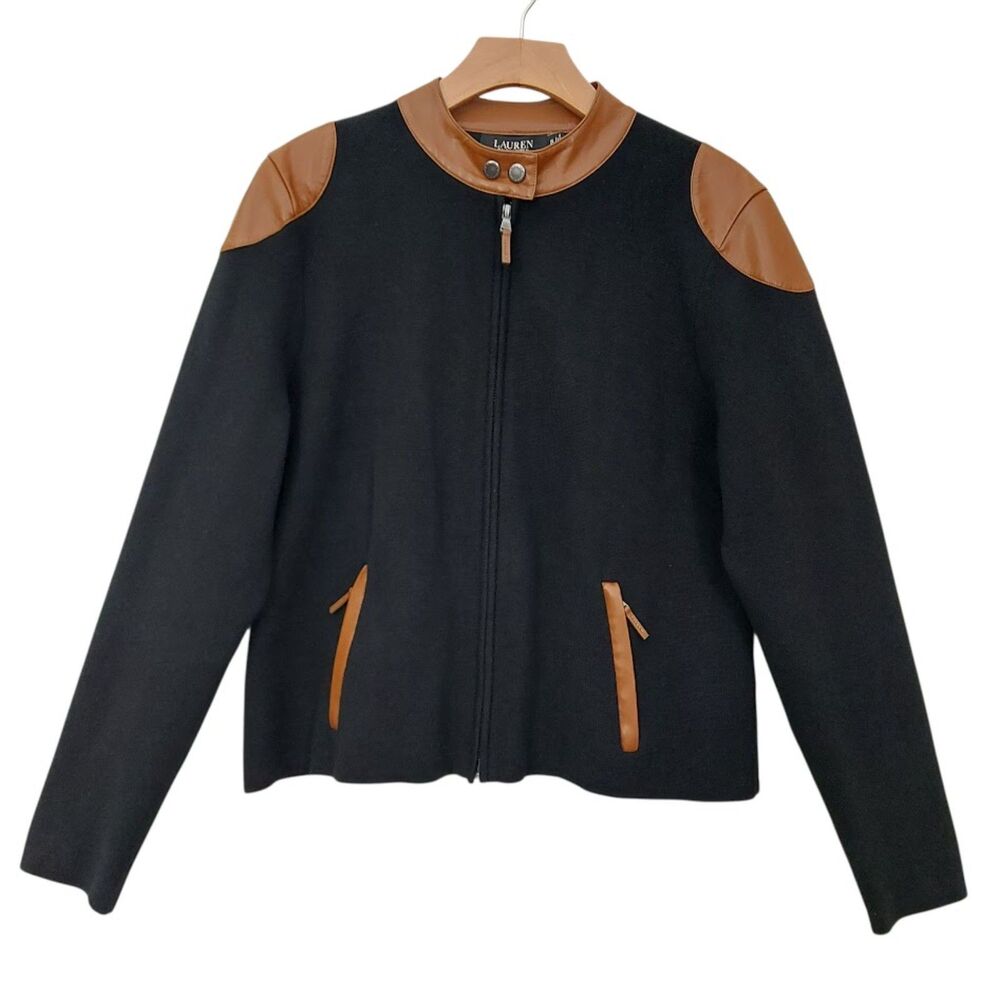 Lauren Ralph Lauren Jacket Womens XL Black Faux Leather Trim Knit Full Zip